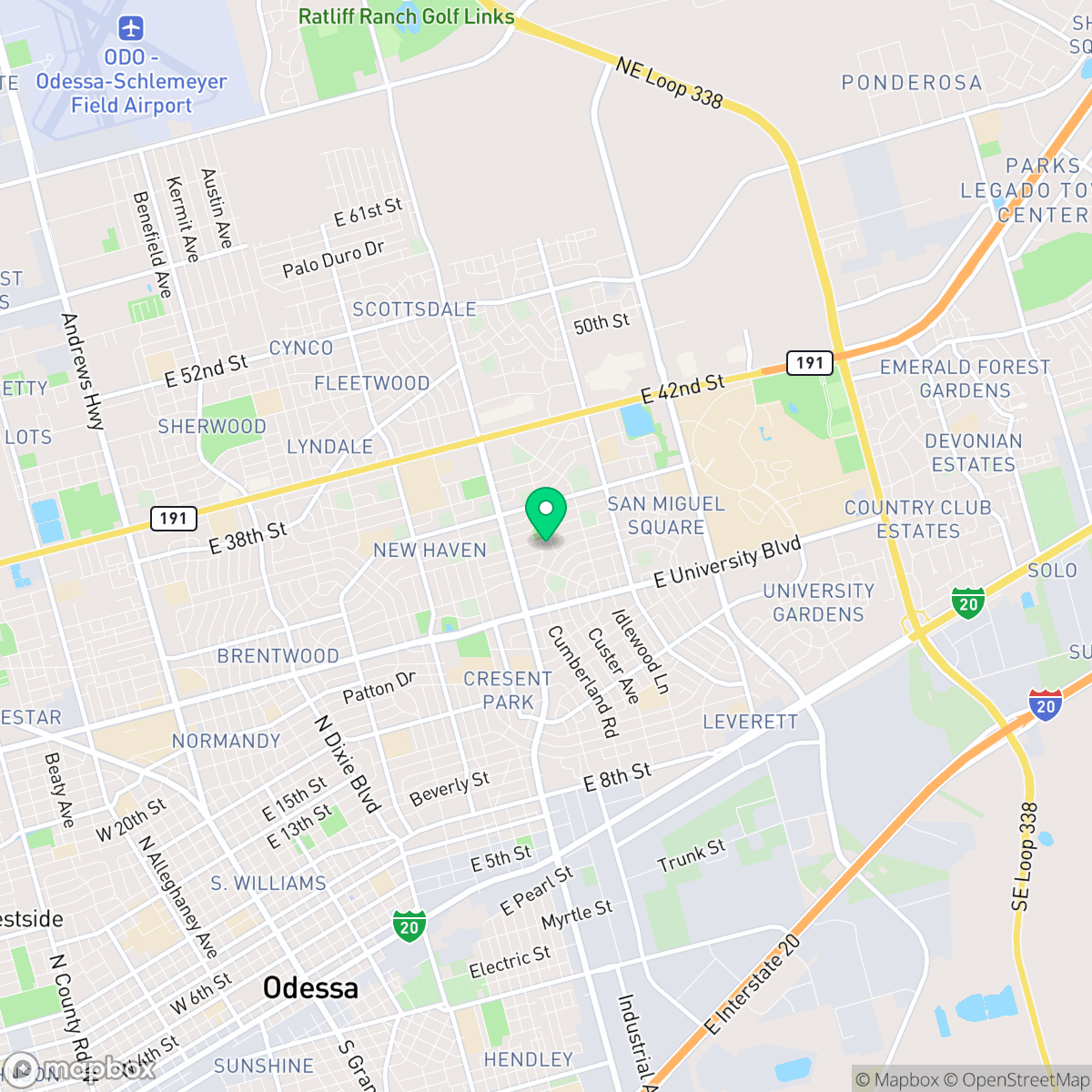 Map showing the location of Odessa, TX — coverage area