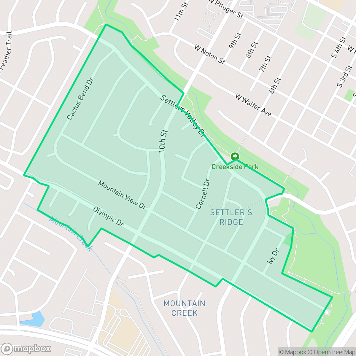 Map showing the location of Settlers Ridge, Pflugerville, TX