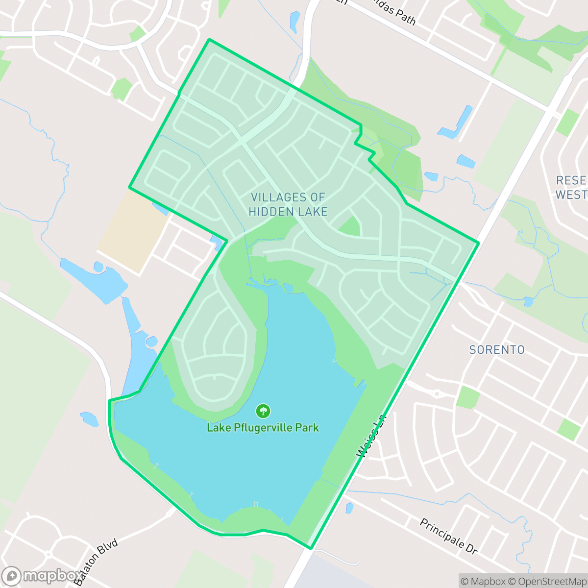 Map showing the location of Villages of Hidden Lake, Pflugerville, TX