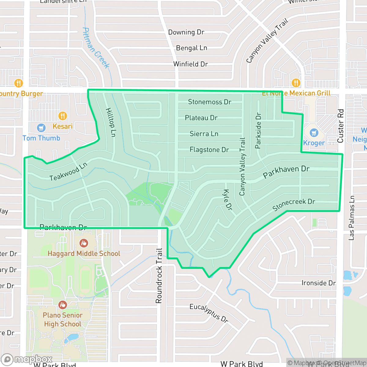 Map showing the location of Caddo Park, Plano, TX