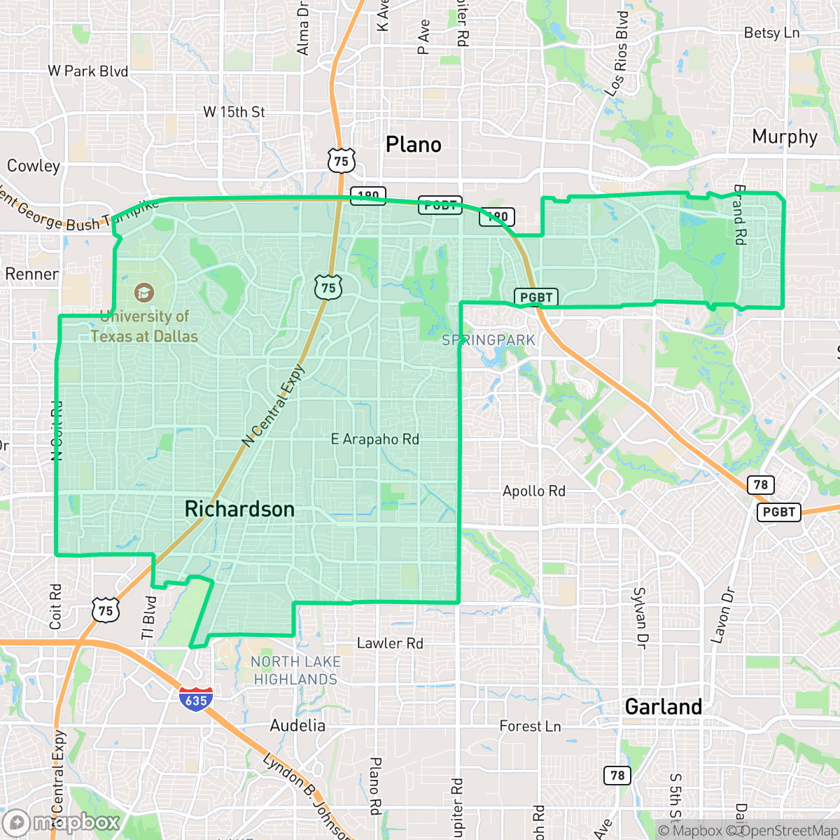 Map showing the location of Richardson, TX — coverage area