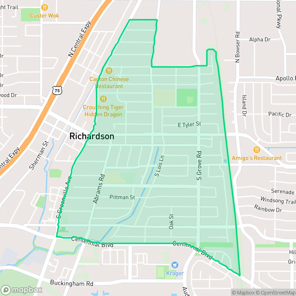 Map showing the location of Highland Terrace, Richardson, TX