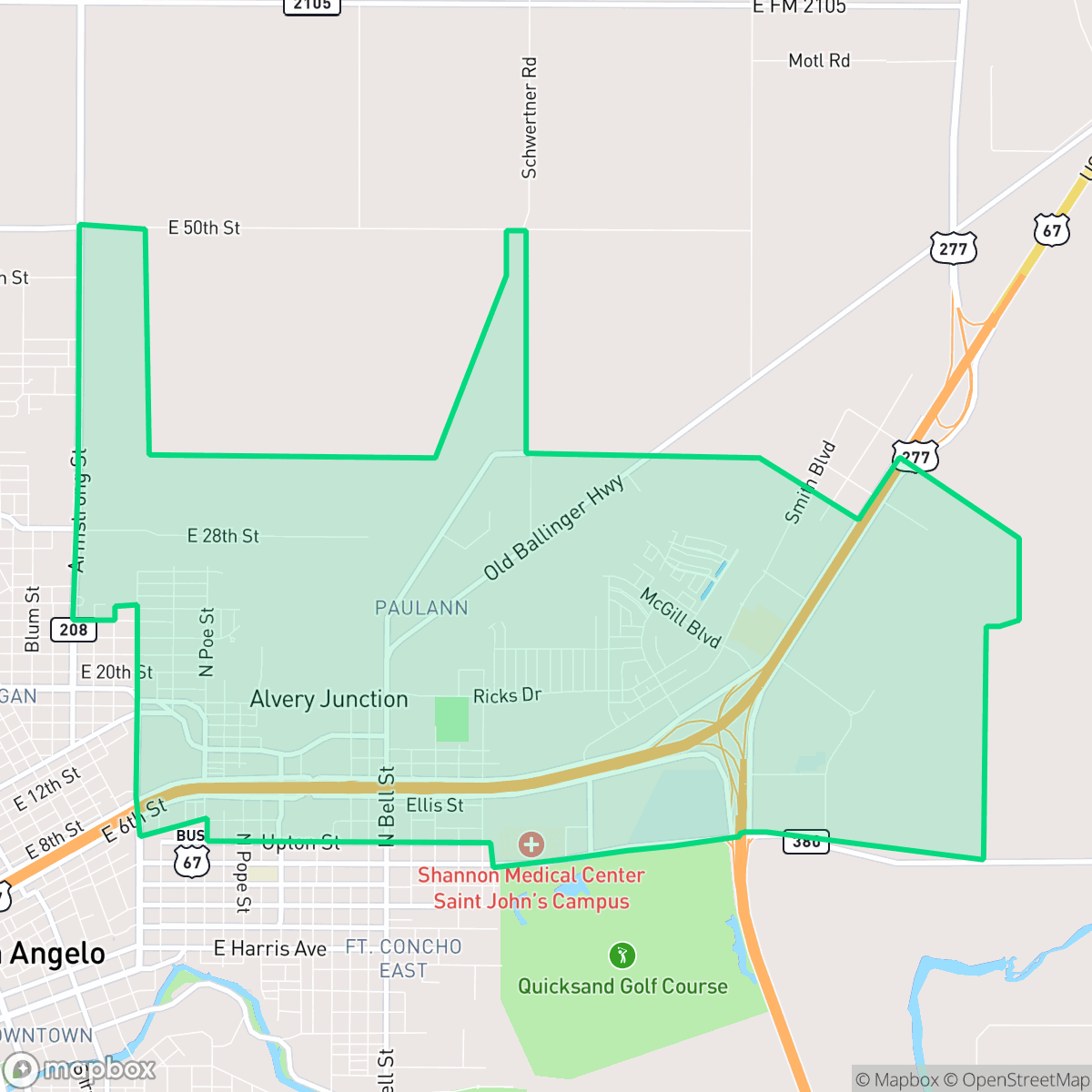 Map showing the location of PaulAnn, San Angelo, TX