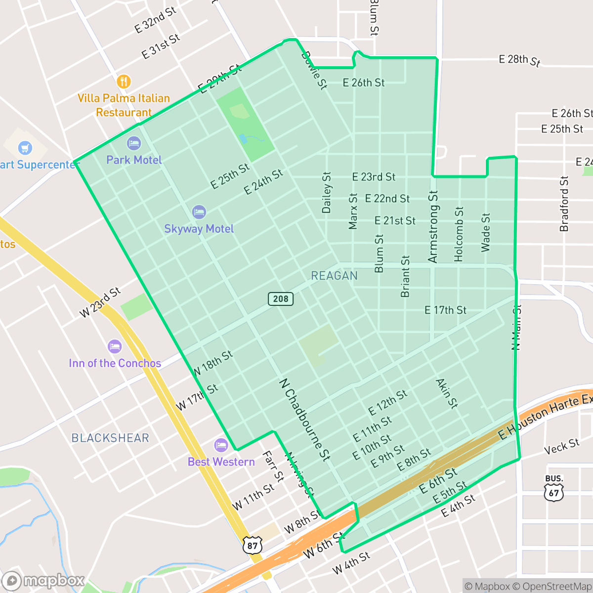 Map showing the location of Reagan, San Angelo, TX