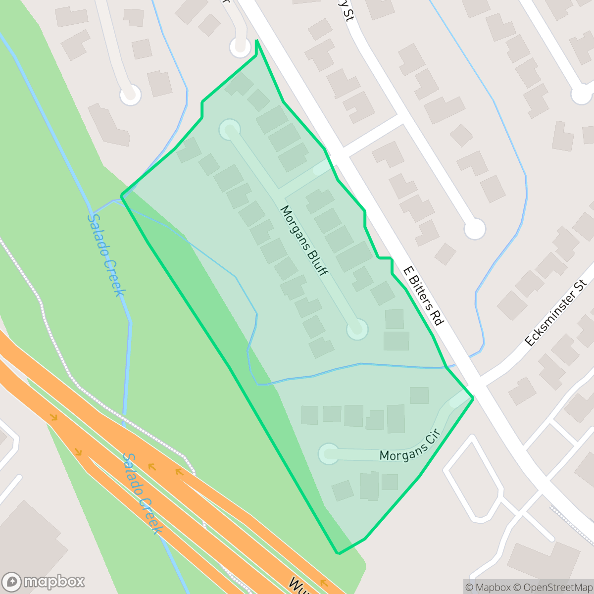 Map showing the location of Bluff Creek, San Antonio, TX