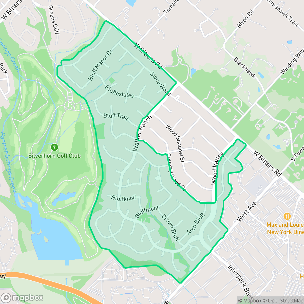 Map showing the location of Bluffview at Camino Real, San Antonio, TX