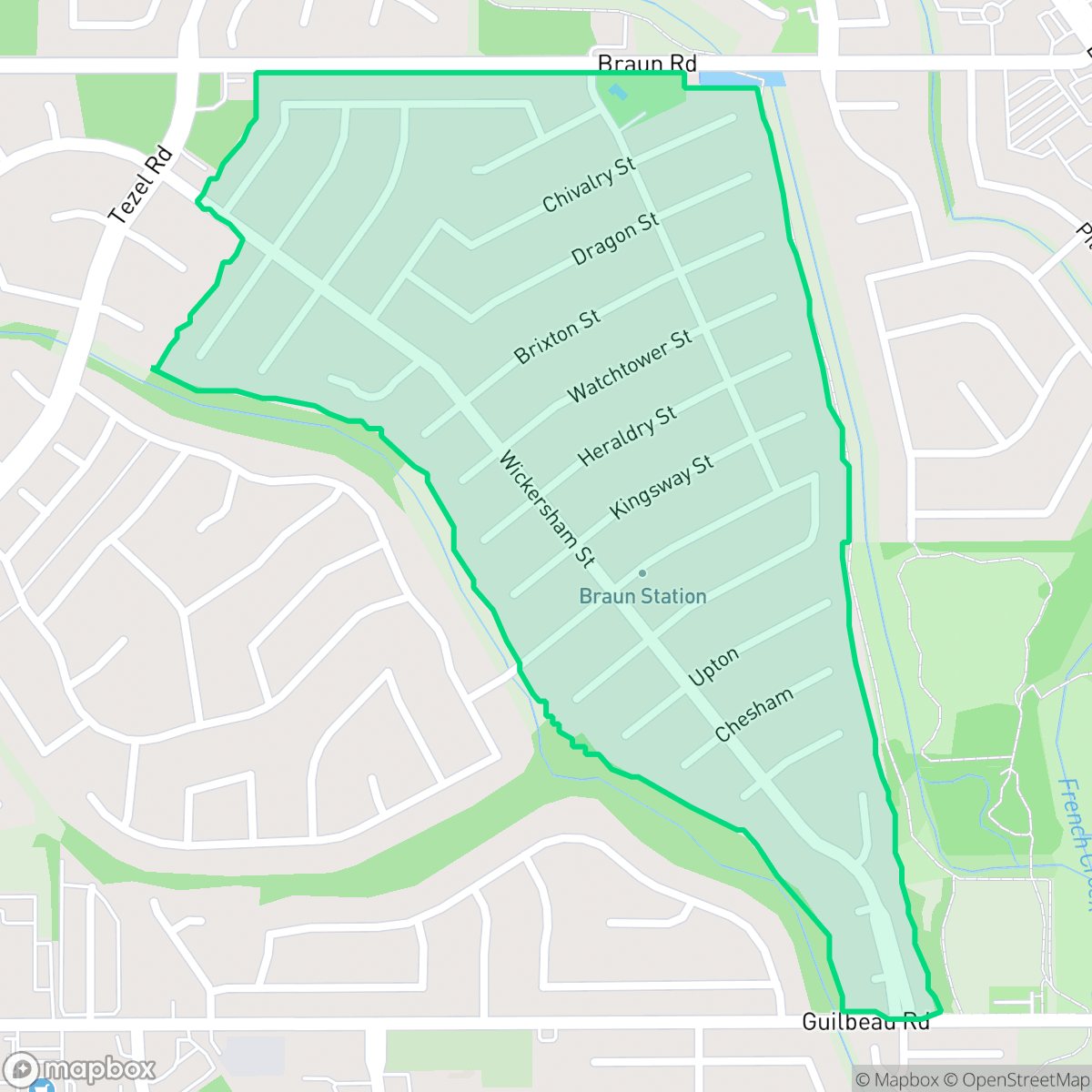 Map showing the location of Braun Station East, San Antonio, TX