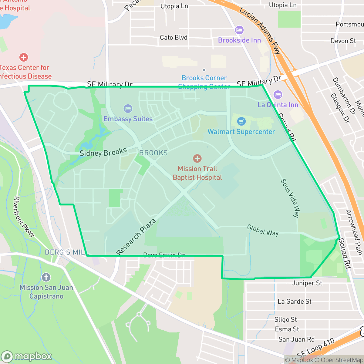 Map showing the location of Brooks, San Antonio, TX