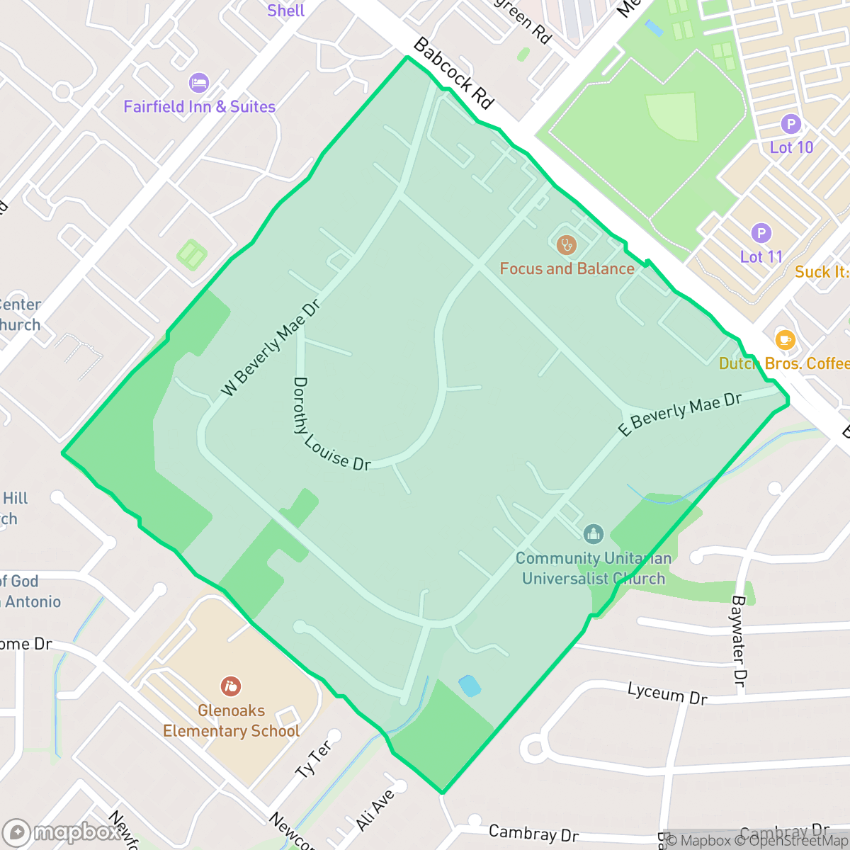 Map showing the location of Dreamhill Estates Neighborhood, San Antonio, TX
