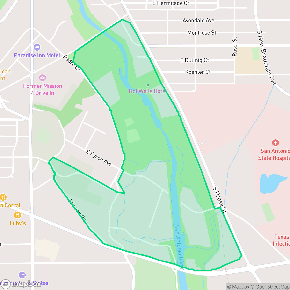 Map showing the location of East Pyron - Symphony Lane-Mission San Jose, San Antonio, TX