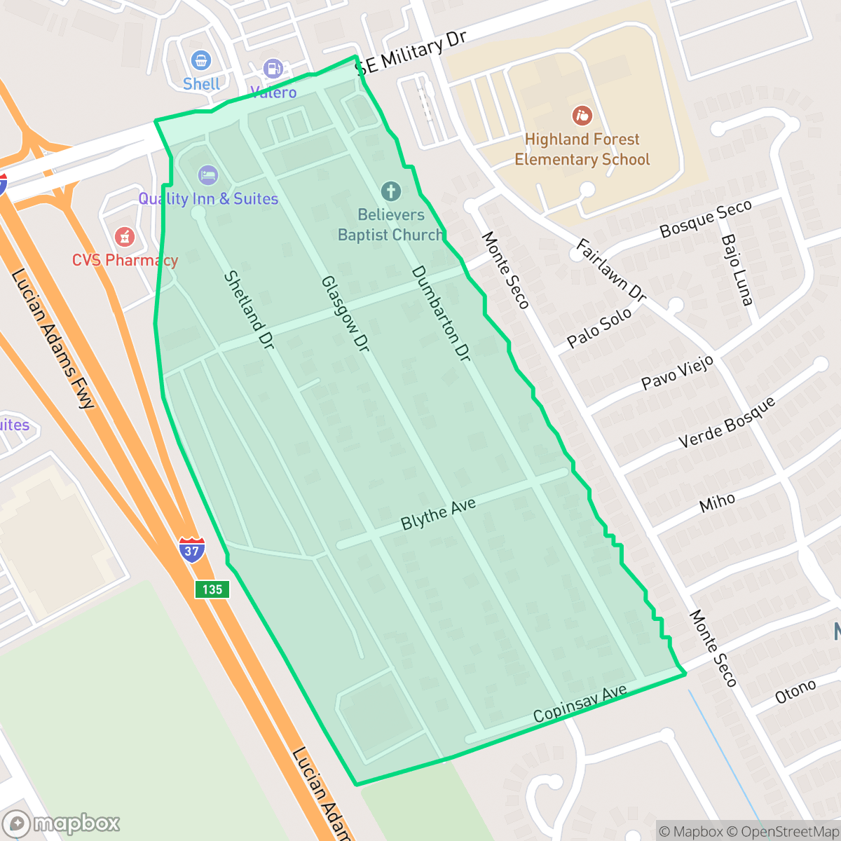 Map showing the location of Highland Forest, San Antonio, TX