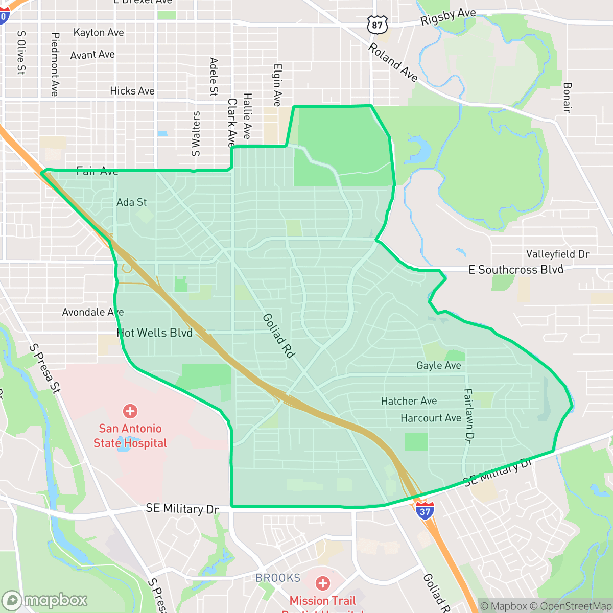Map showing the location of Highland Hills, San Antonio, TX