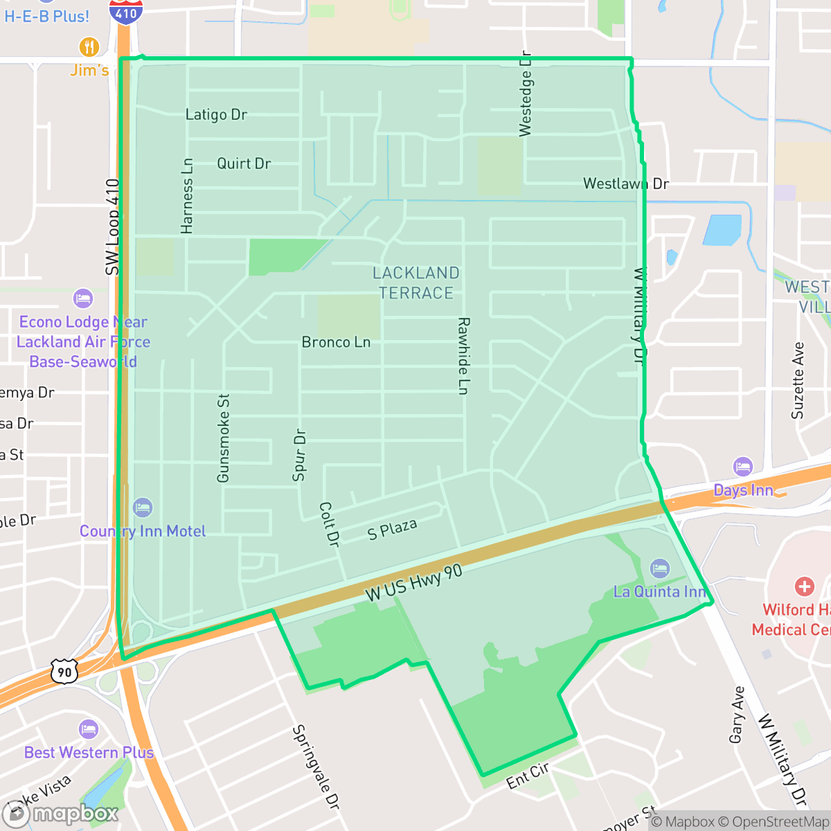 Map showing the location of Lackland Terrace, San Antonio, TX
