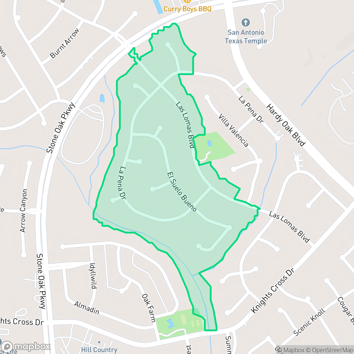 Map showing the location of Las Lomas-Stone Oak, San Antonio, TX
