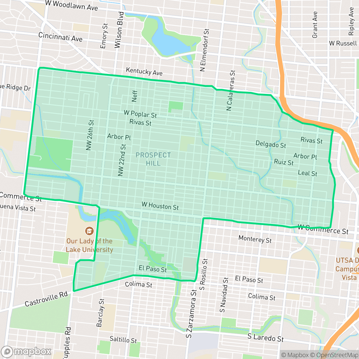 Map showing the location of Prospect Hill, San Antonio, TX