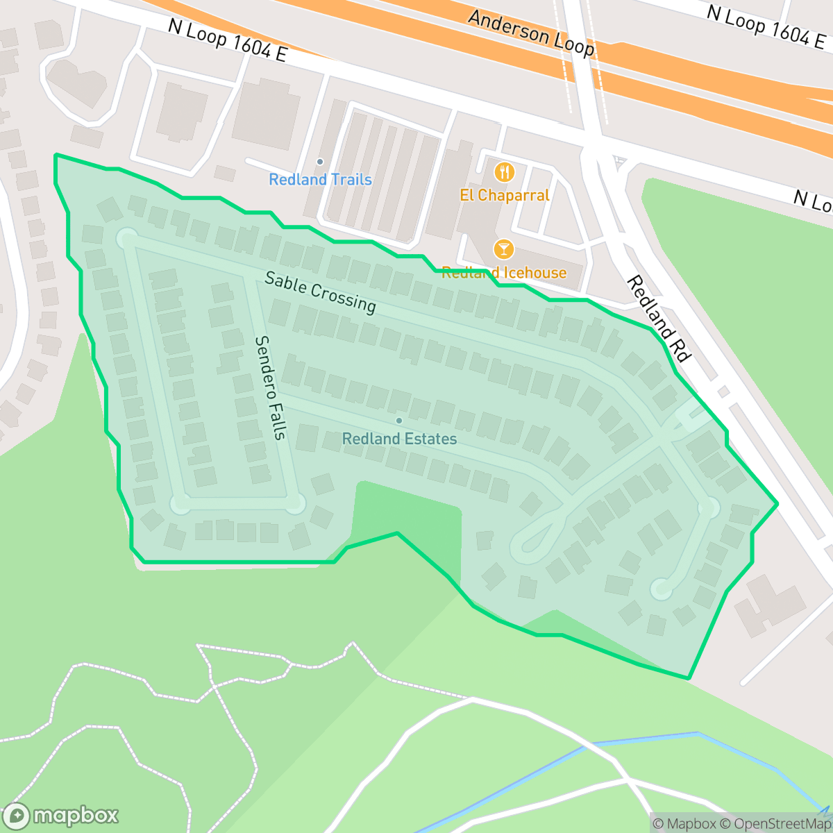 Map showing the location of Redland Estates, San Antonio, TX