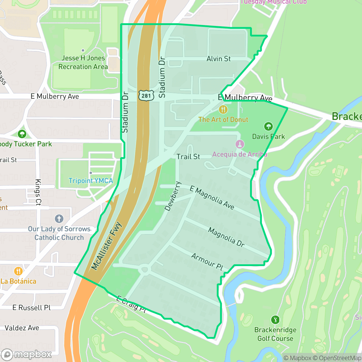 Map showing the location of River Road, San Antonio, TX