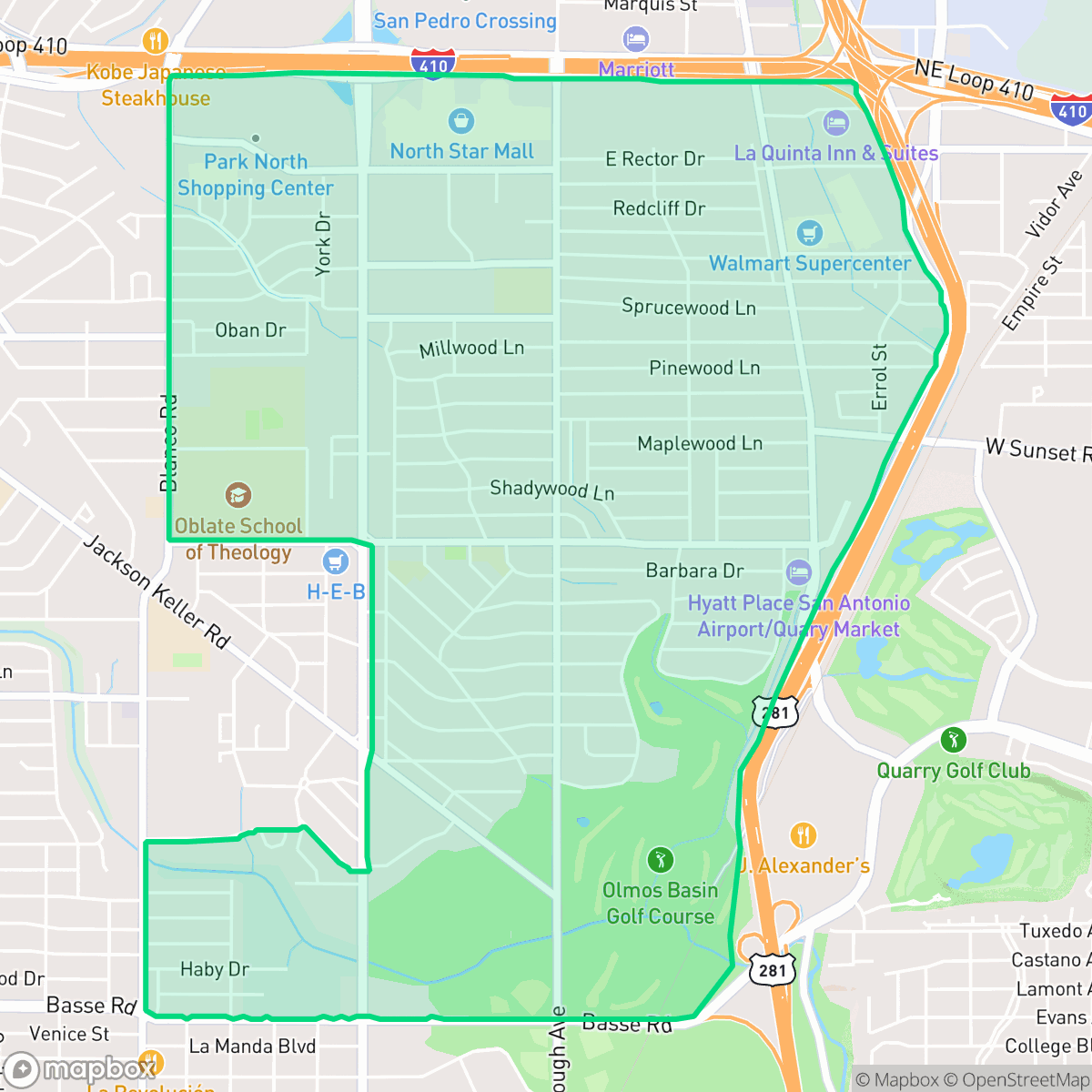 Map showing the location of Shearer Hills - Ridgeview, San Antonio, TX