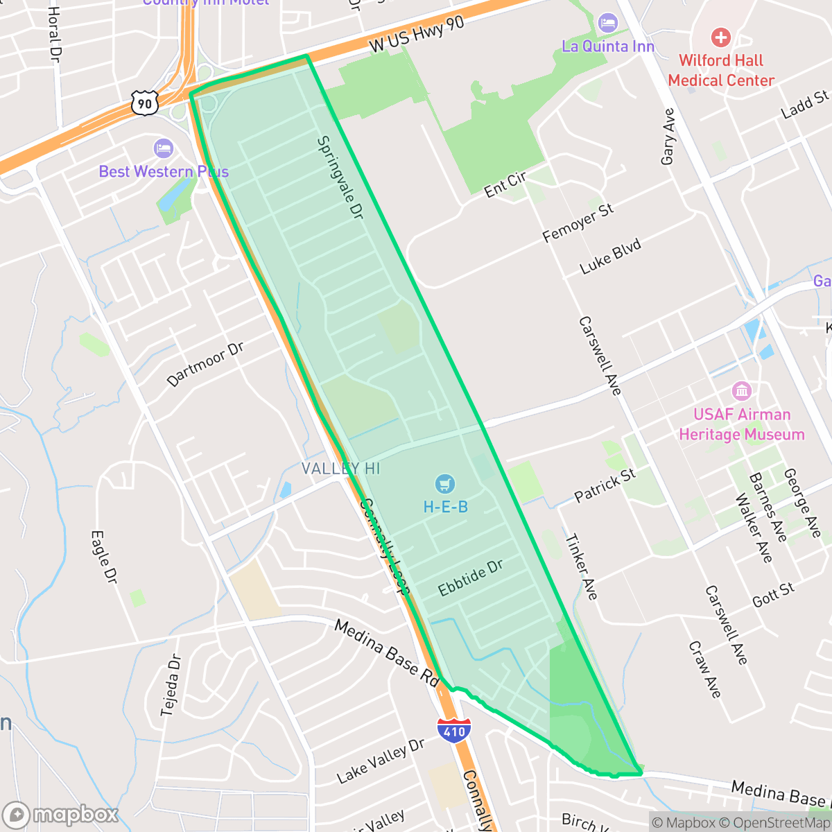 Map showing the location of Springvale, San Antonio, TX