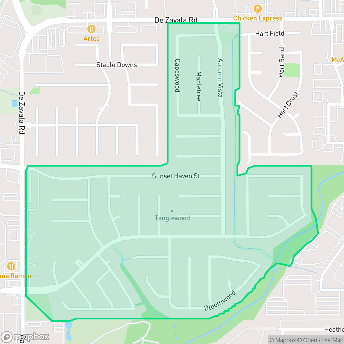 Map showing the location of Tanglewood, San Antonio, TX