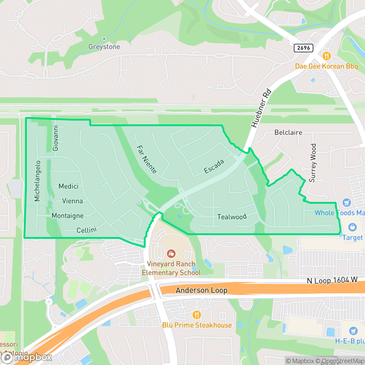 Map showing the location of The Vineyard, San Antonio, TX