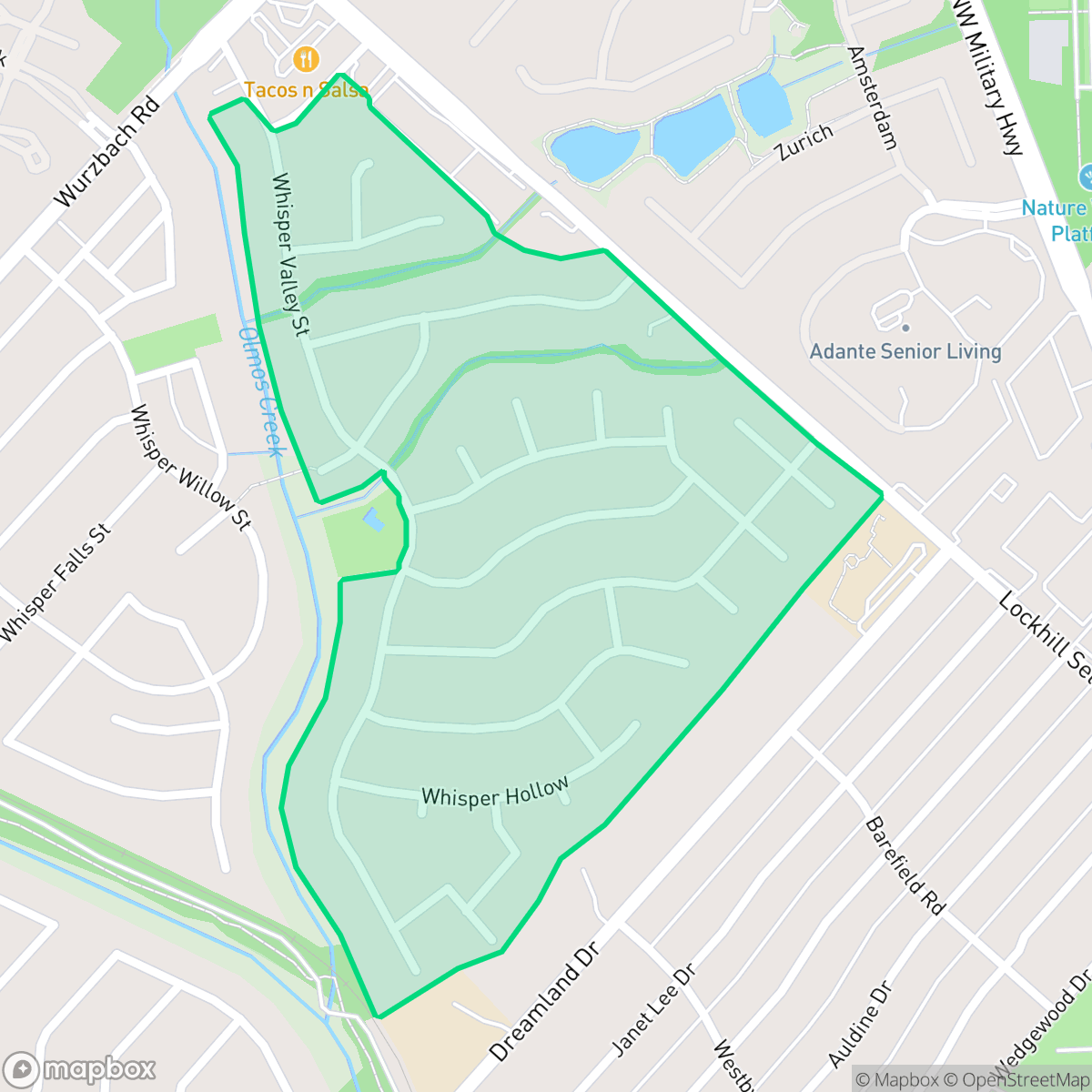 Map showing the location of Whispering Oaks, San Antonio, TX