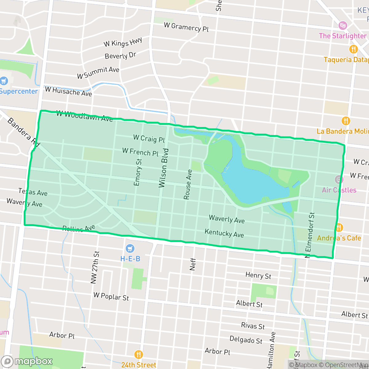 Map showing the location of Woodlawn Lake, San Antonio, TX