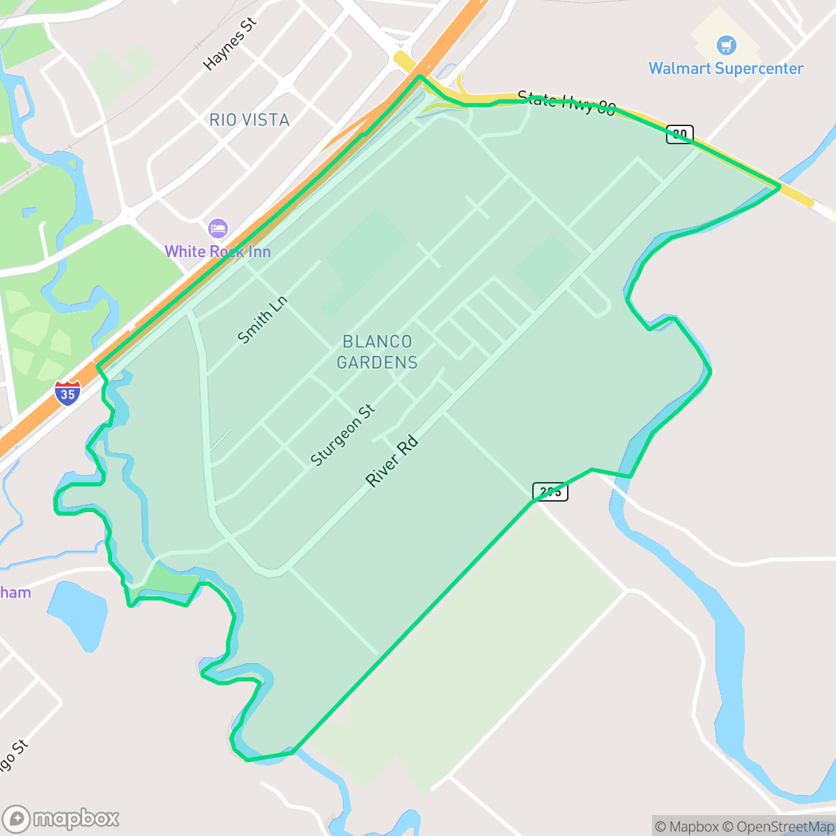 Map showing the location of Blanco Gardens, San Marcos, TX