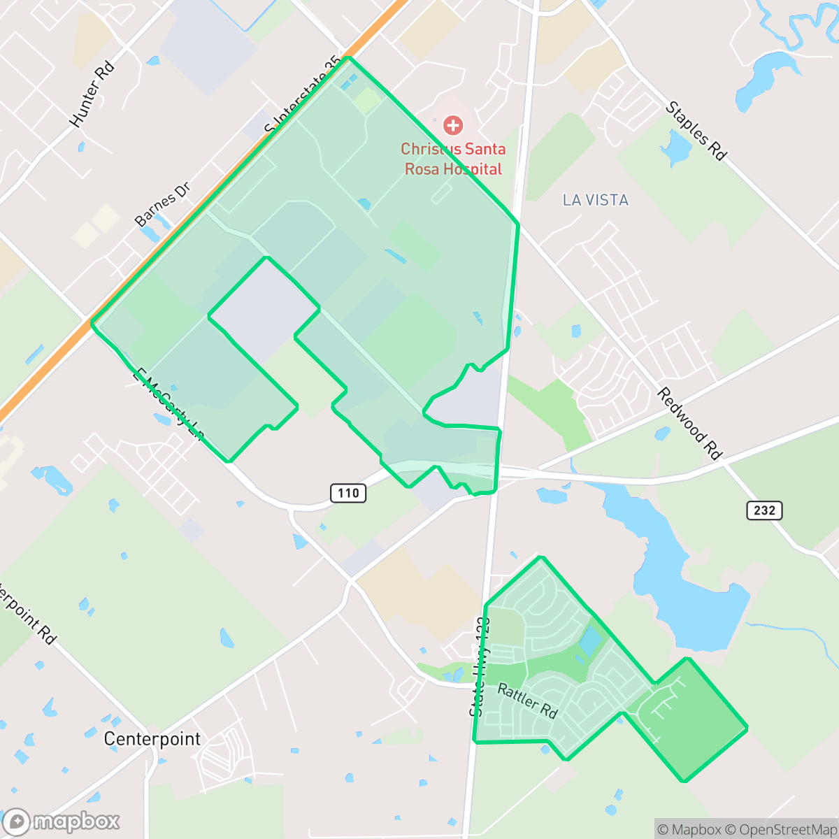 Map showing the location of Cottonwood Creek, San Marcos, TX
