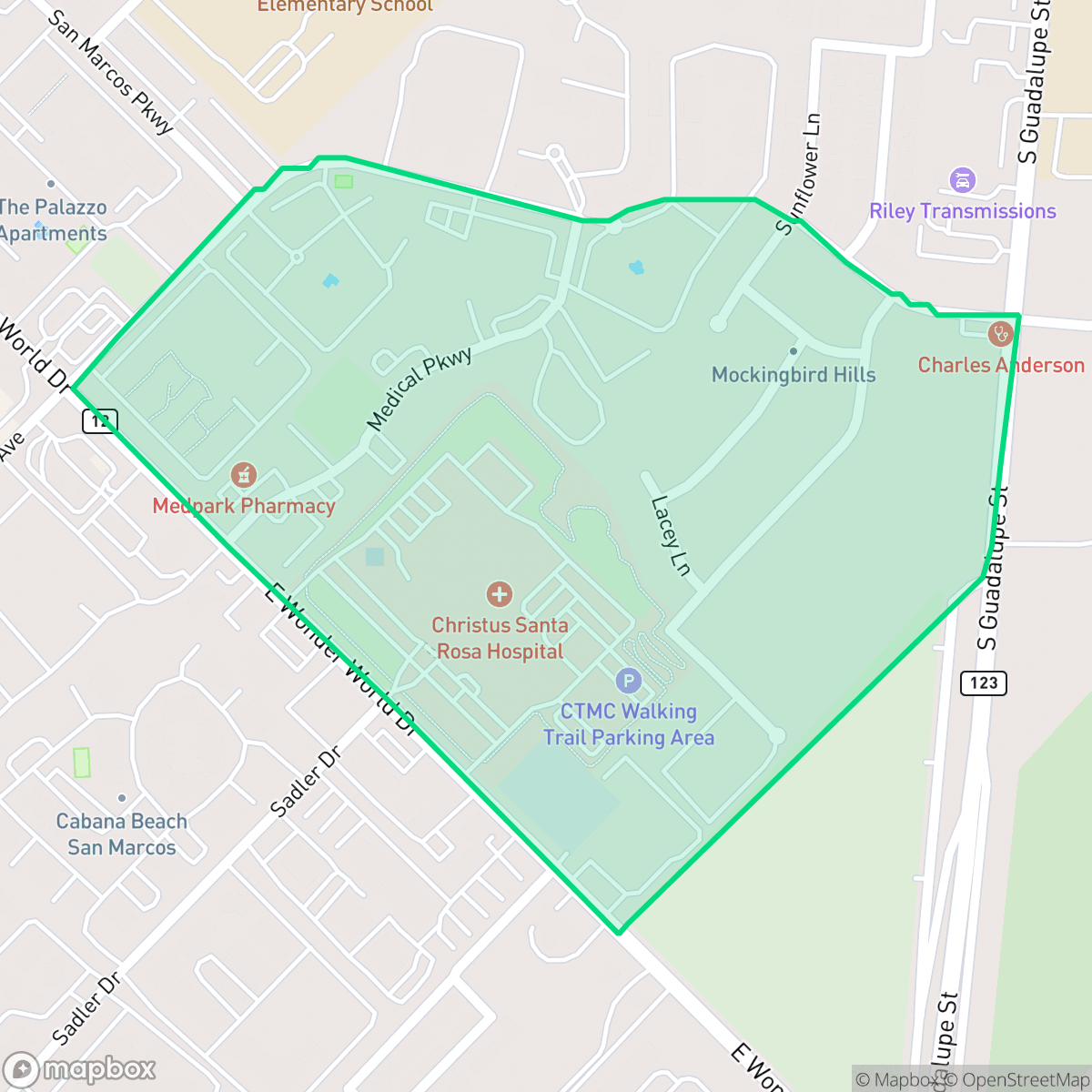Map showing the location of Mockingbird Hills, San Marcos, TX