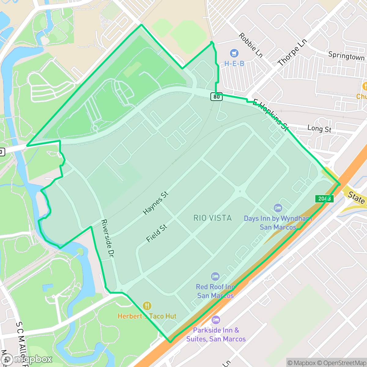 Map showing the location of Rio Vista, San Marcos, TX