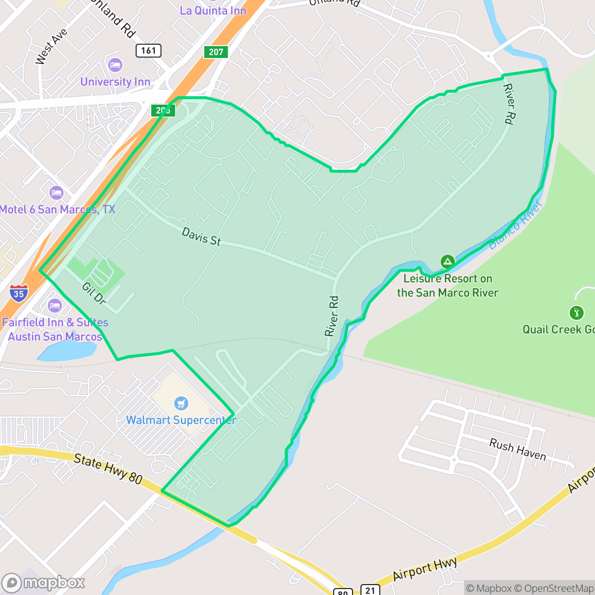 Map showing the location of Two Rivers East, San Marcos, TX