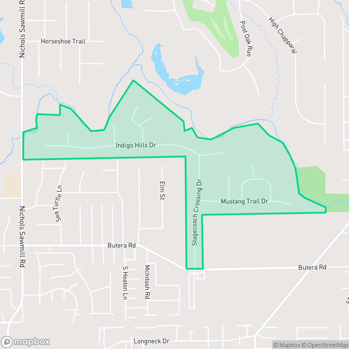 Map showing the location of Indigo Ranch, Stagecoach, TX