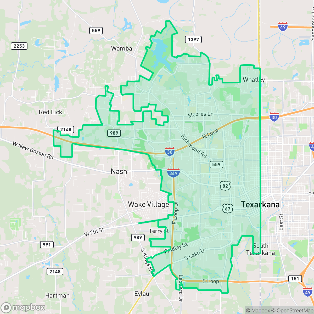 Map showing the location of Texarkana, TX — coverage area