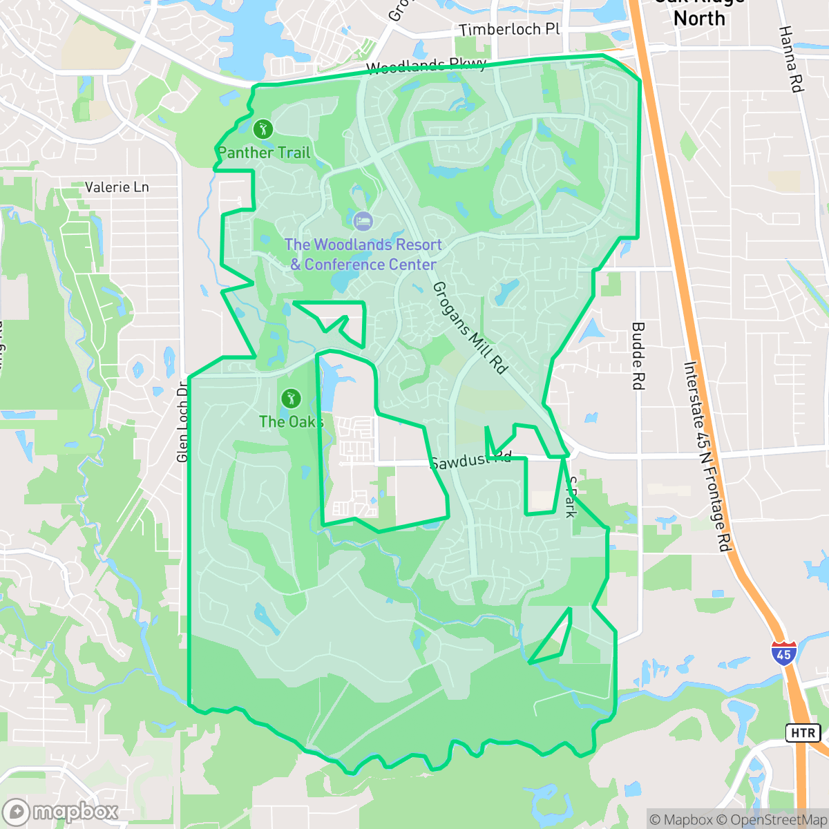 Map showing the location of Grogan's Mill, The Woodlands, TX