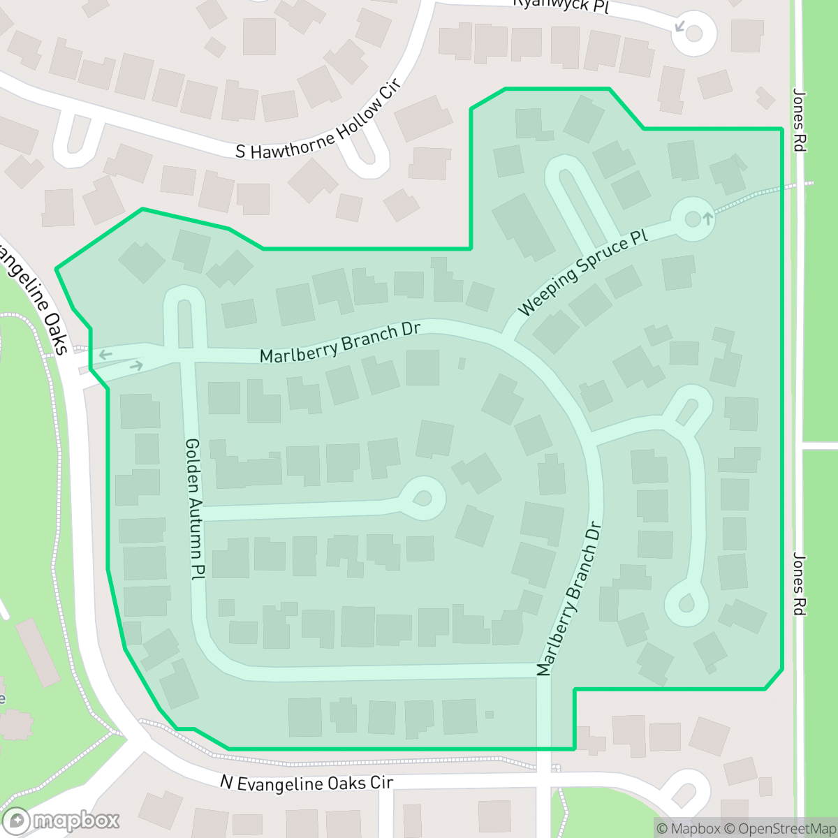 Map showing the location of Marlberry Branch, The Woodlands, TX