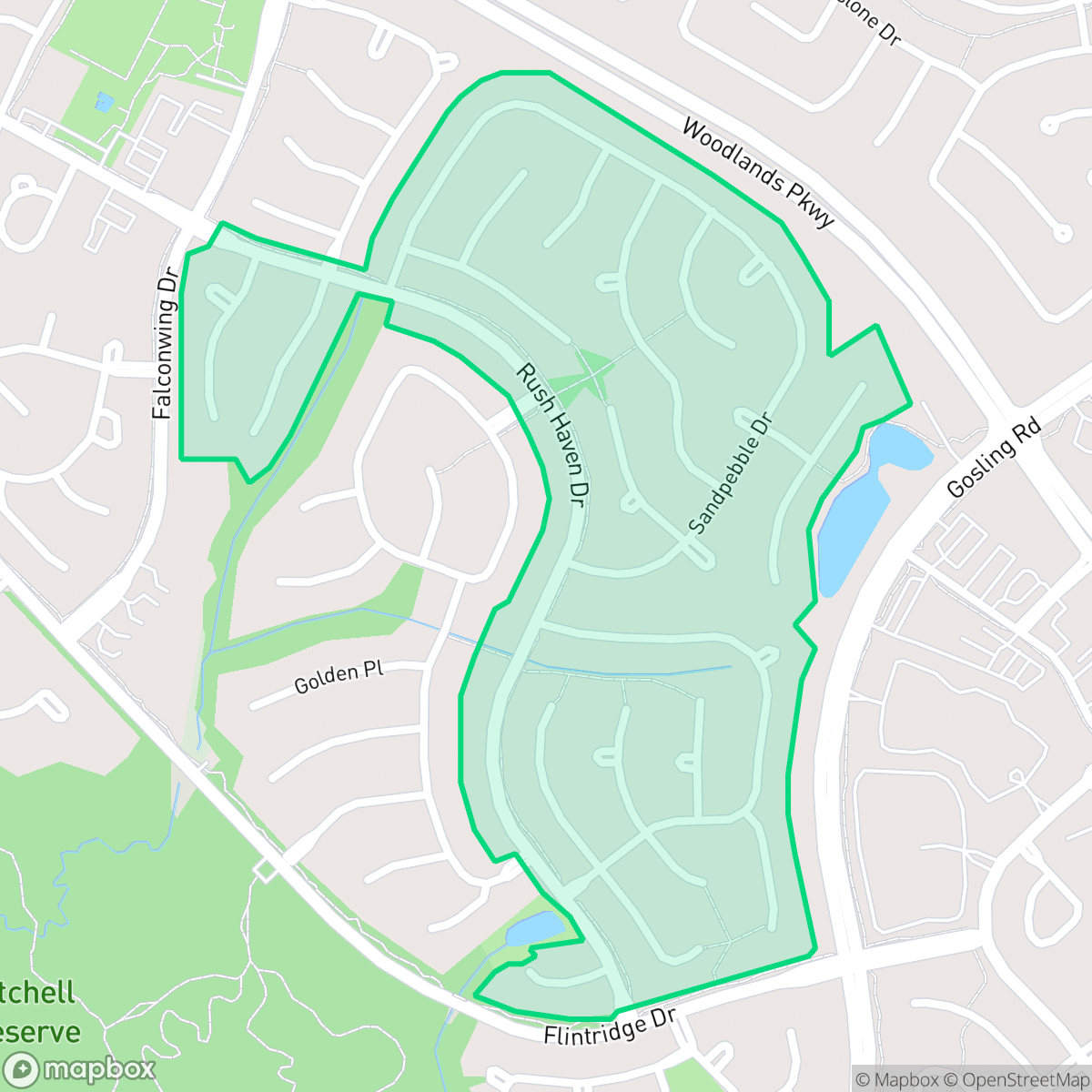 Map showing the location of Rush Haven, The Woodlands, TX