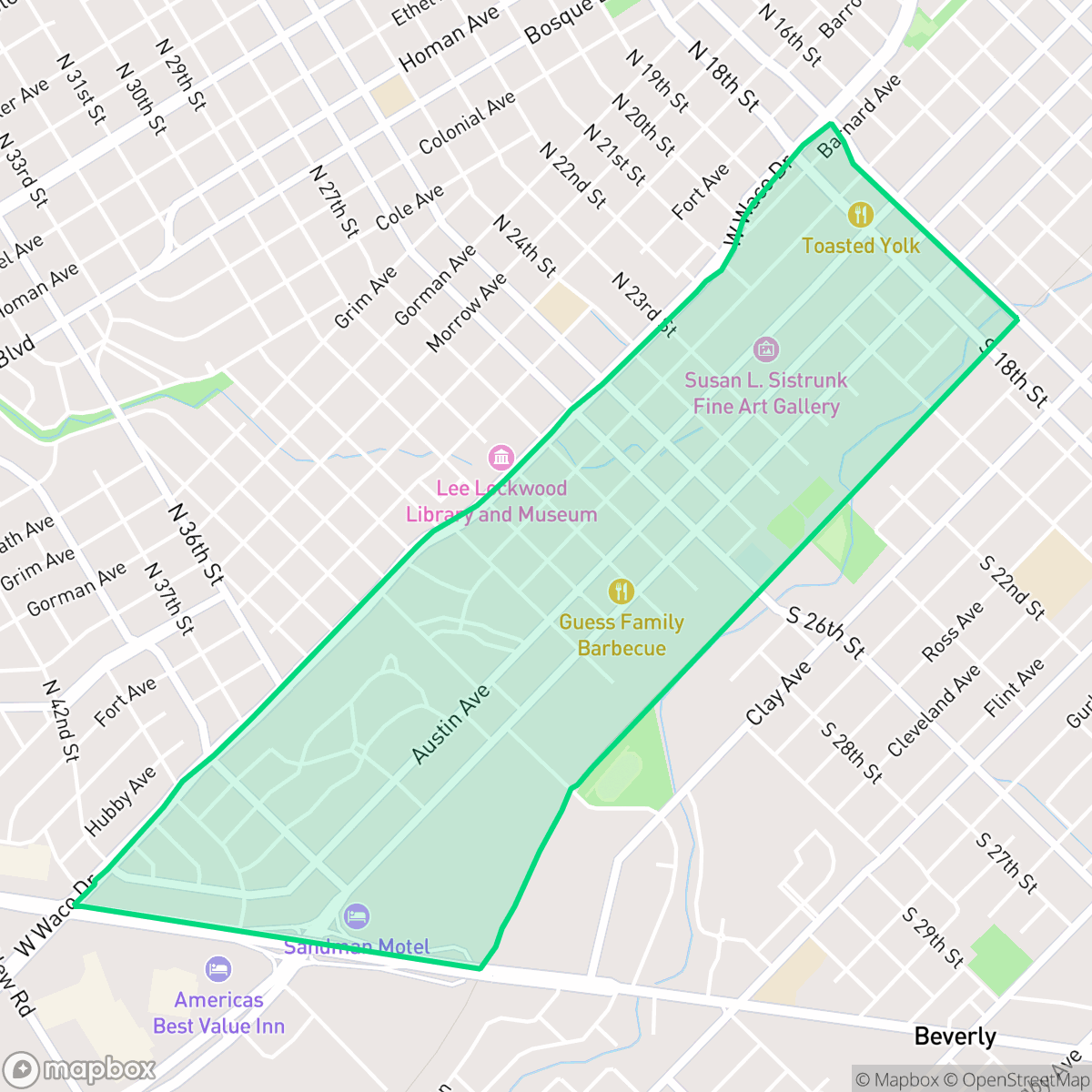 Map showing the location of Austin Avenue, Waco, TX