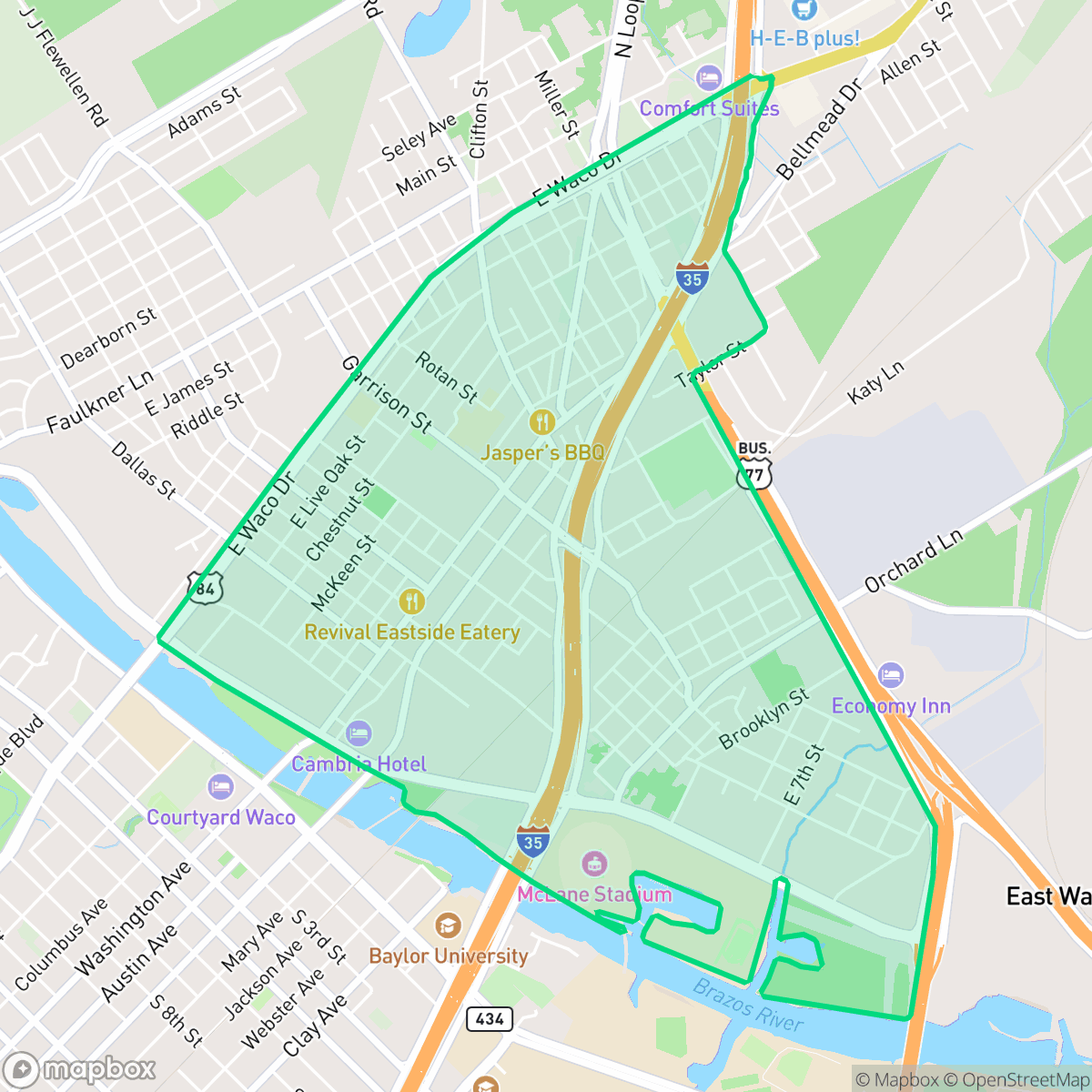 Map showing the location of East Riverside, Waco, TX