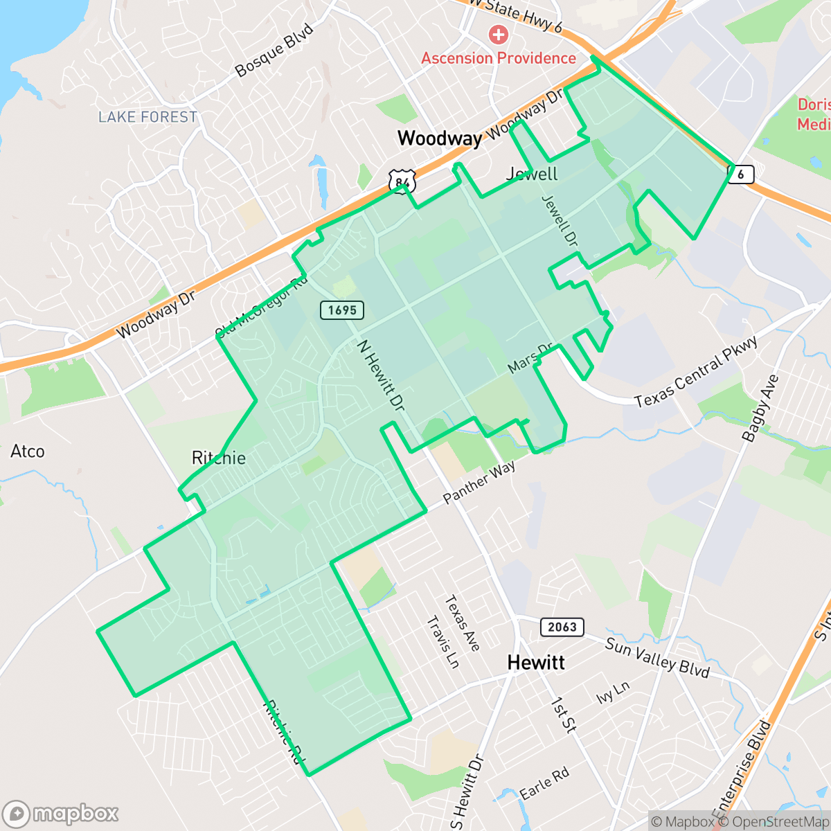 Map showing the location of West Waco, Waco, TX